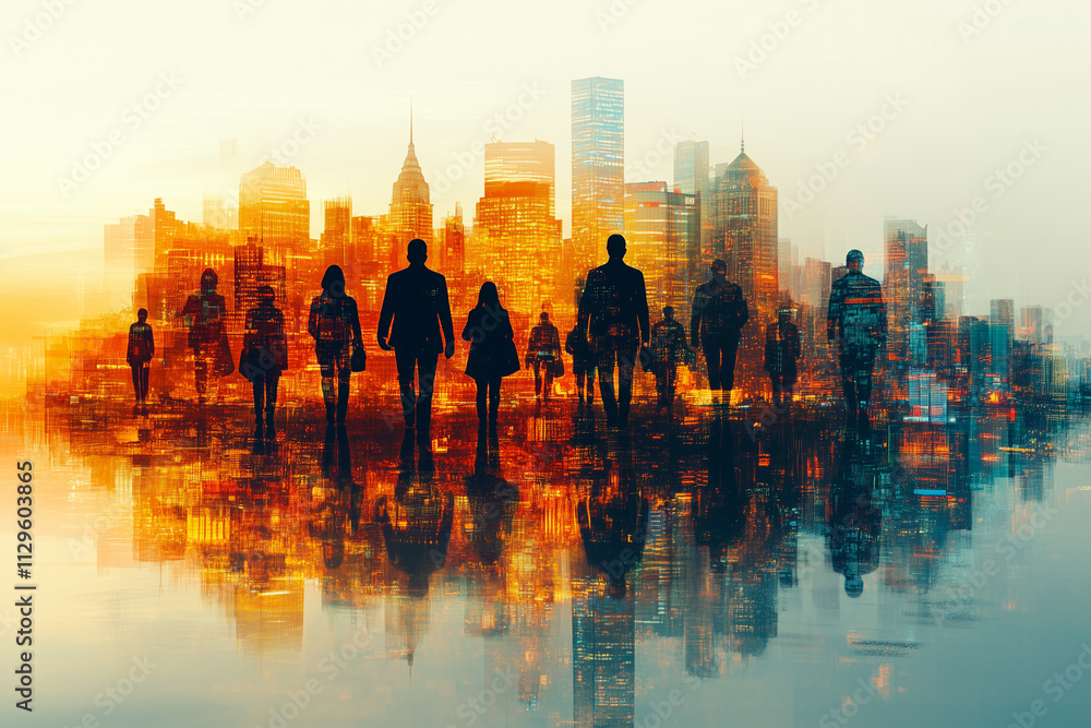 Abstract silhouettes of professionals standing tall against a stylized city skyline. Abstract silhouettes of professionals standing tall against a stylized city skyline.