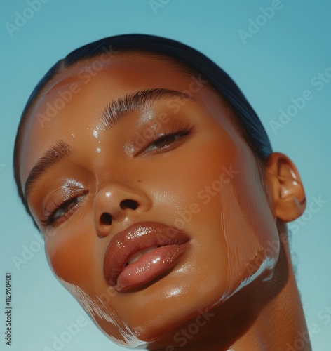 Close up Beauty portrait of african american woman with clean healthy dark skin on neutral background. Smiling dreamy beautiful afro haitstyle girl. Curly black hair. photo