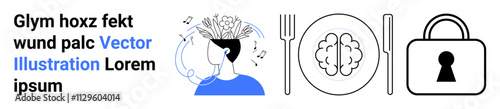 Person with artistic thoughts, brain on plate with fork and knife, secured with lock. Ideal for creativity, mental health, security, privacy, intellectual property, stress management cognitive