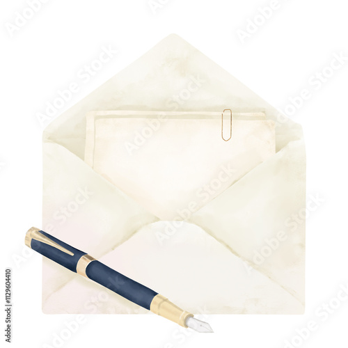 Open envelope with sheets of paper for a letter, fastened with a paper clip. Watercolor digital illustration. Vintage unsealed envelope and fountain pen isolated on white background.