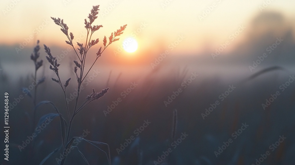 Misty Sunrise Meadow with Grass. Misty Sunrise Meadow with Grass.