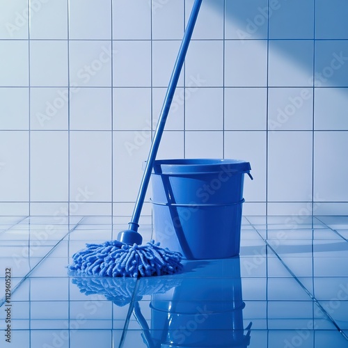 Blue mop and bucket on shiny tile floor in bathroom for house cleaning concept. photo