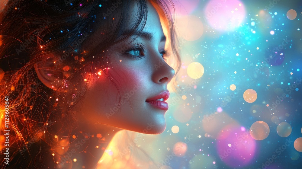 happy Asian woman captured double exposure style her silhouette glowing light and color. Her warm smile expresses serenity and inner peace. happy Asian woman captured double exposure style her silhouette glowing light and color. Her warm smile expresses serenity and inner peace.