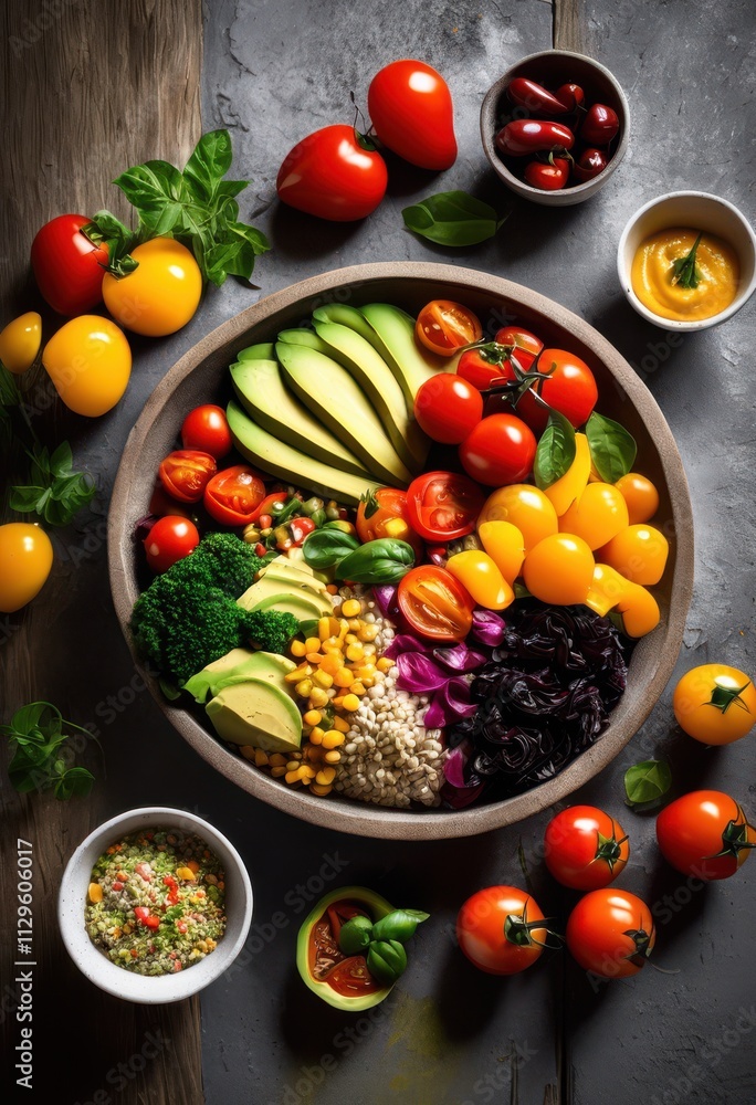 vibrant visuals colorful plant based meal compositions striking textured backdrops perfect food, ingredients, fresh, healthy, dish, salad, spice, garnish vibrant visuals colorful plant based meal compositions striking textured backdrops perfect food, ingredients, fresh, healthy, dish, salad, spice, garnish