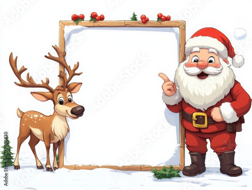 Santa Claus and Christmas reindeer cartoon characters peeking around a wooden sign and pointing at it