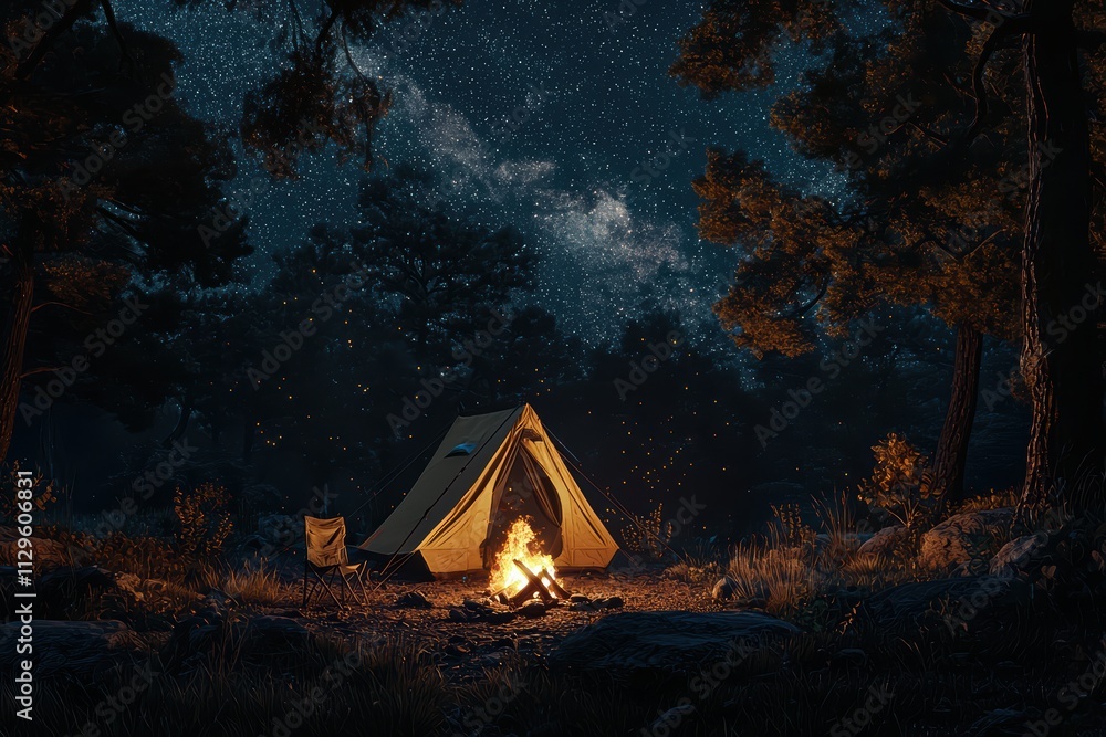 A serene campsite at night, featuring a glowing campfire and a tent surrounded by trees under a starlit sky. A serene campsite at night, featuring a glowing campfire and a tent surrounded by trees under a starlit sky.