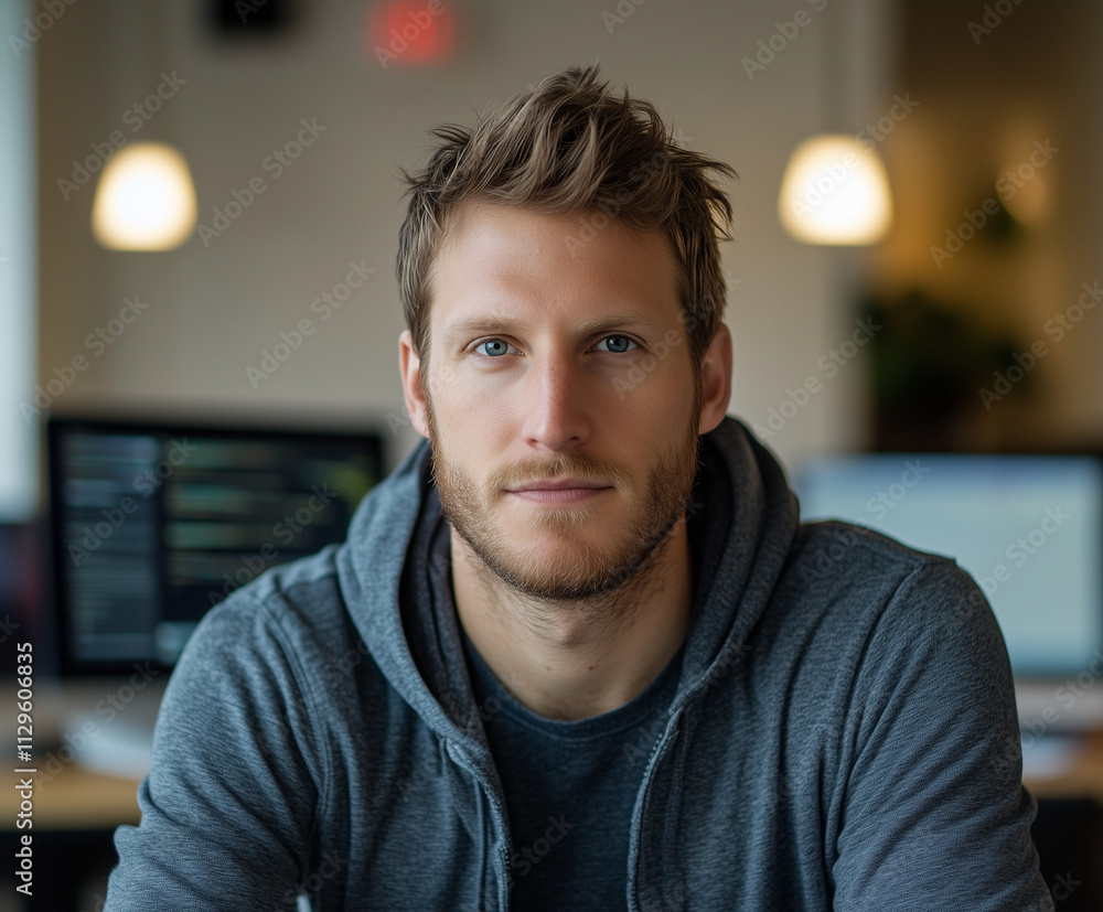 White man working as a software developer in a casual professional workspace White man working as a software developer in a casual professional workspace