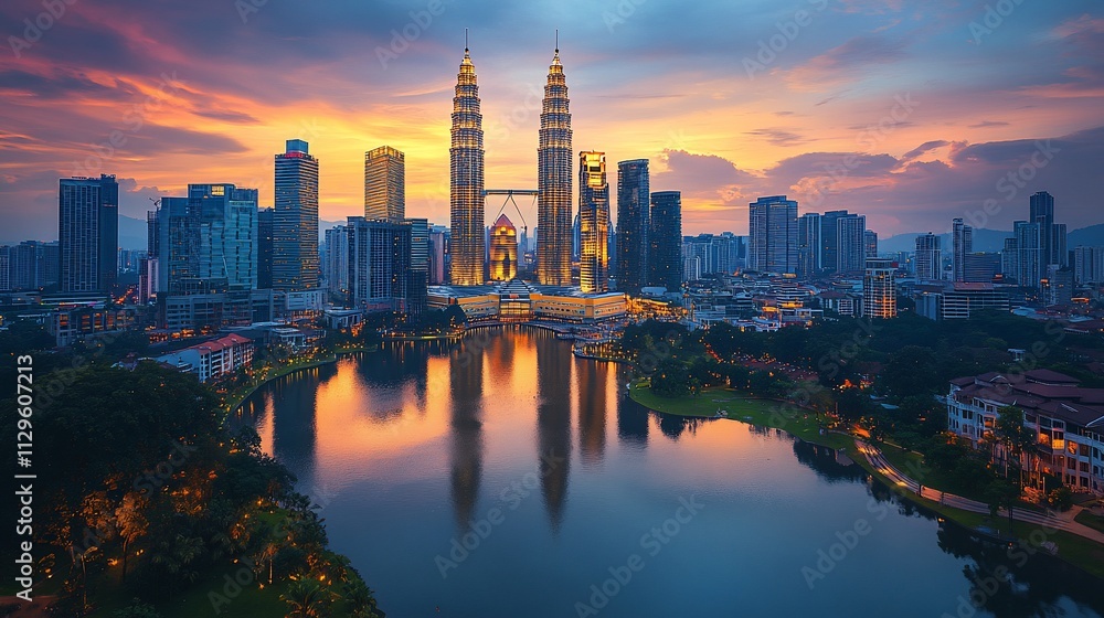 Fototapeta premium Stunning sunset cityscape with skyscrapers reflecting in a lake.