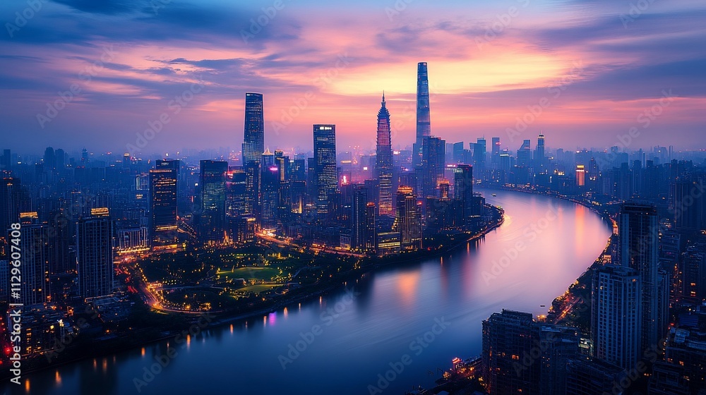 Fototapeta premium Stunning sunrise cityscape with river and skyscrapers.