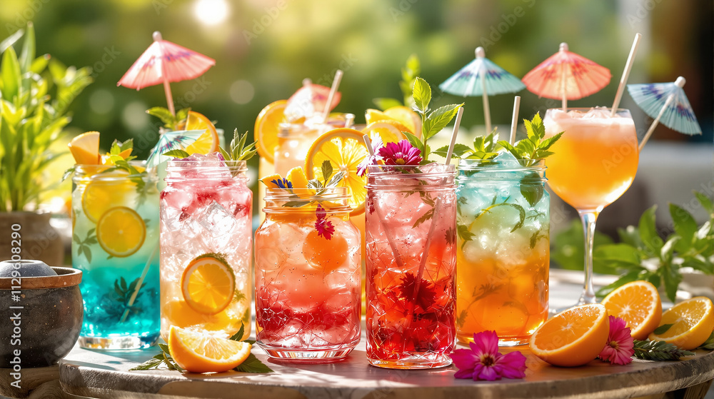 Elegant and Vibrant Mocktail Display: Intricate Garnishes, Colorful Layers, and Festive Patio Ambiance Elegant and Vibrant Mocktail Display: Intricate Garnishes, Colorful Layers, and Festive Patio Ambiance