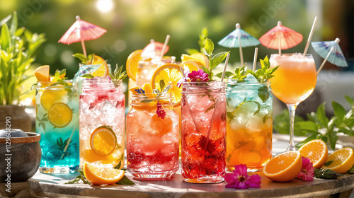 Elegant and Vibrant Mocktail Display: Intricate Garnishes, Colorful Layers, and Festive Patio Ambiance