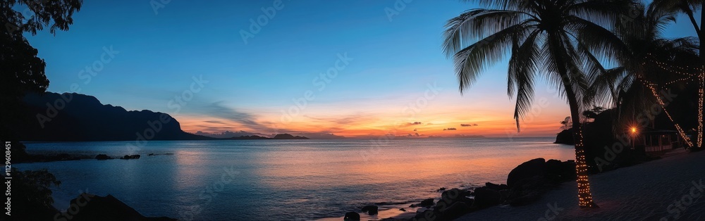 Palm Trees with Christmas Lights Against a Tropical Sunset Palm Trees with Christmas Lights Against a Tropical Sunset