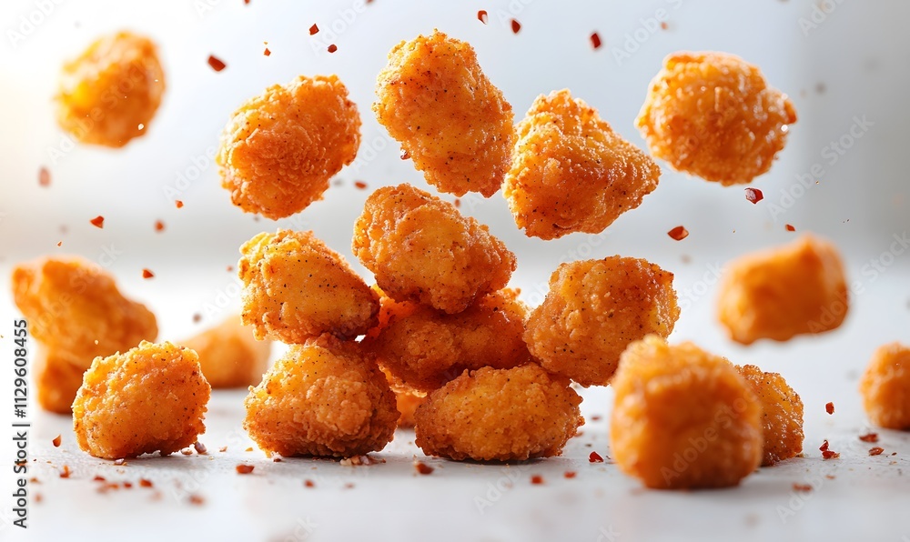 Fried chicken nuggets falling in the air on a white background design,
Fried chicken nuggets falling in the air on a white background design,