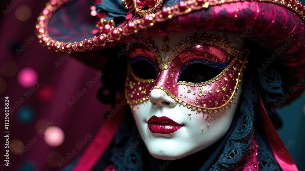 A detailed view of a purple and gold Venetian mask with a matching hat, set against a bokeh background.
Concept of glamorous masquerade. Mardi Gras A detailed view of a purple and gold Venetian mask with a matching hat, set against a bokeh background.
Concept of glamorous masquerade. Mardi Gras