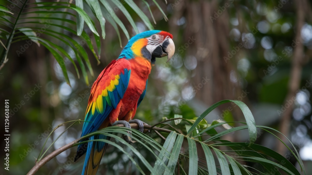 Obraz premium A colorful parrot is perched on a leafy branch. The bird is bright red, blue, and yellow, and it is looking at the camera. The scene is lively and vibrant