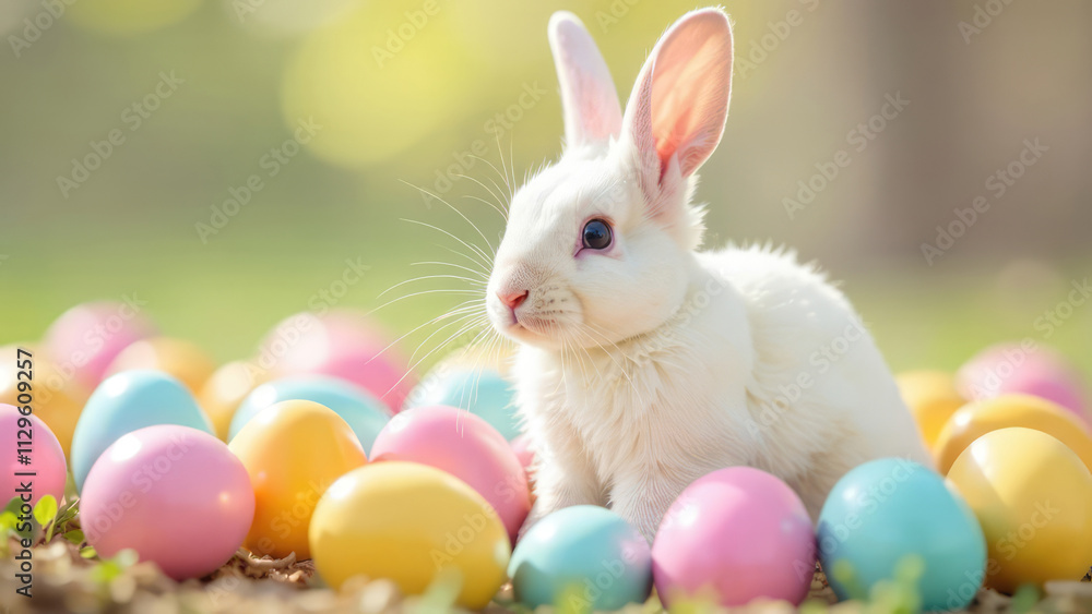 A fluffy white bunny sits amidst a colorful array of pastel Easter eggs in a sunny outdoor setting. Concept of Easter, spring, and new life.
A fluffy white bunny sits amidst a colorful array of pastel Easter eggs in a sunny outdoor setting. Concept of Easter, spring, and new life.