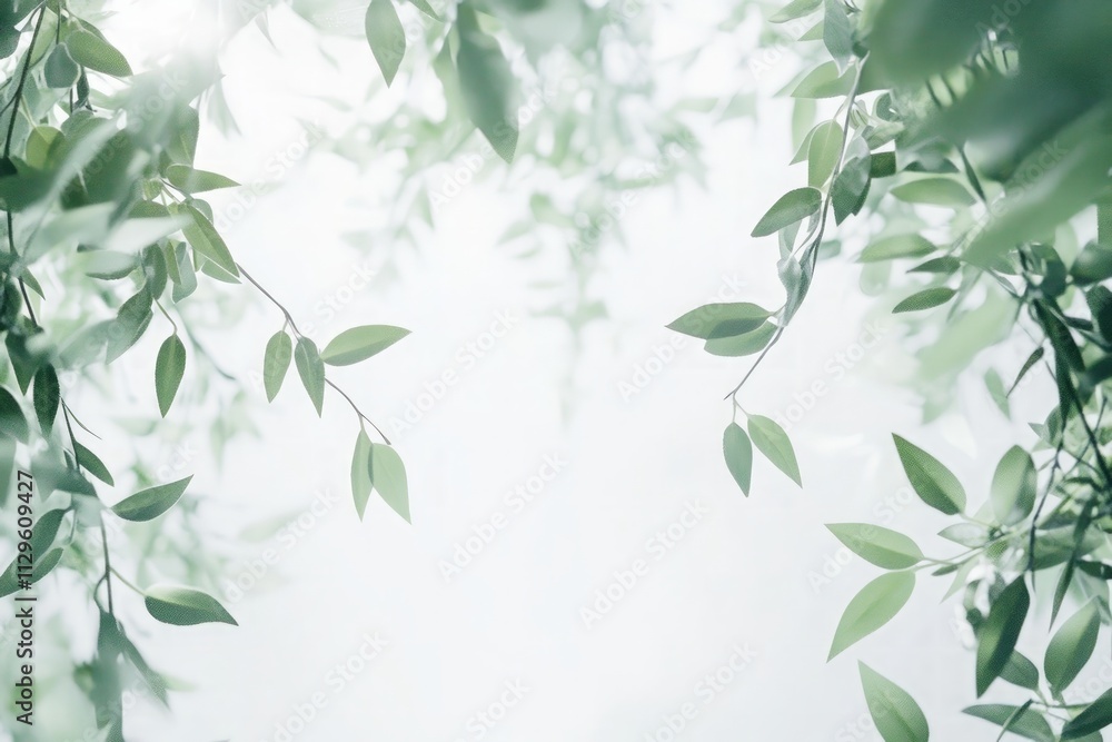Green Leaves on Blurred White Background with Soft Natural Light Green Leaves on Blurred White Background with Soft Natural Light