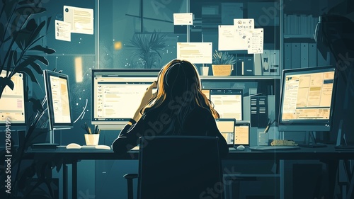 Photorealistic image of a woman at a desk with multiple screens, surrounded by open tabs and notifications, showing work overload and digital strain
