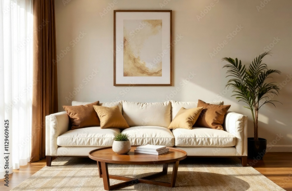 Fototapeta premium Interior design. Living room in beige and brown mocha colors. Comfy sofa, pillows, coffee table framed poster on the wall. living room interior, trendy colors