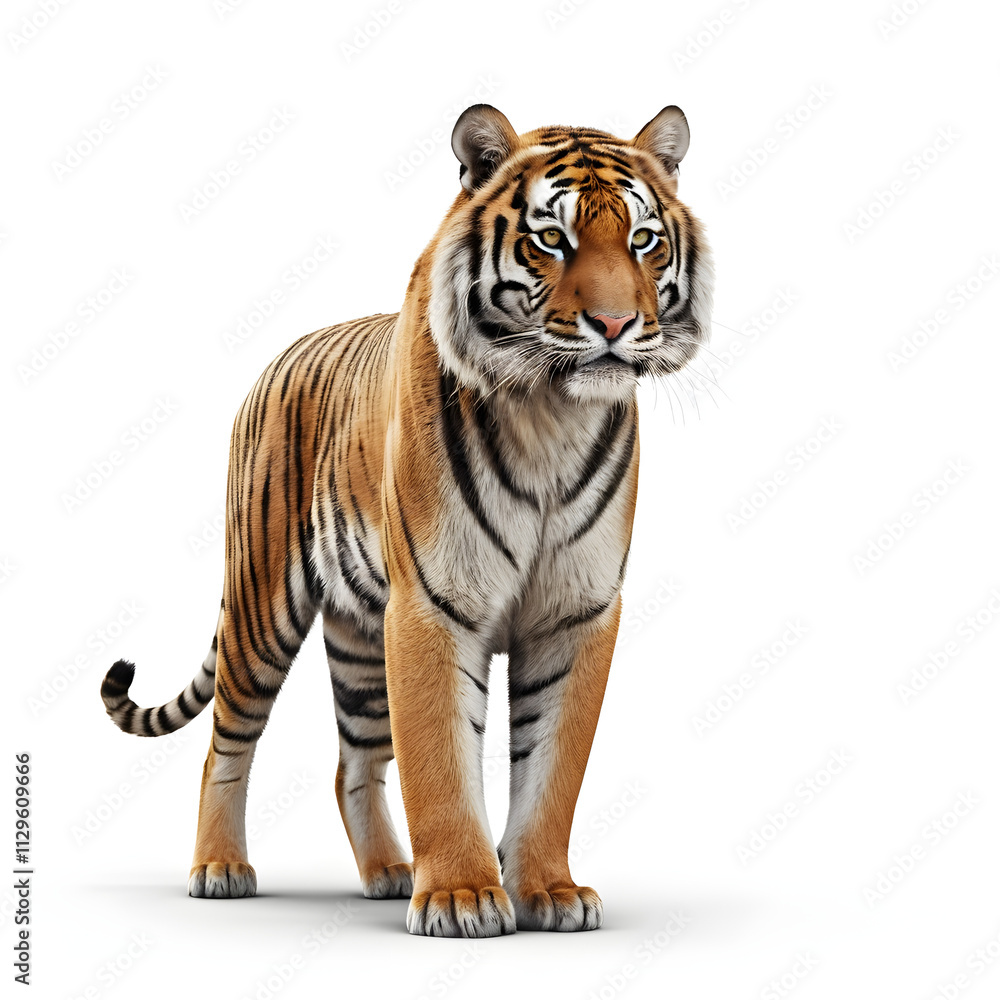 Obraz premium Tiger isolated on a white background, Side view, tiger standing full HD image generated by Ai. full body, realistic, full detail looking at the camera, 