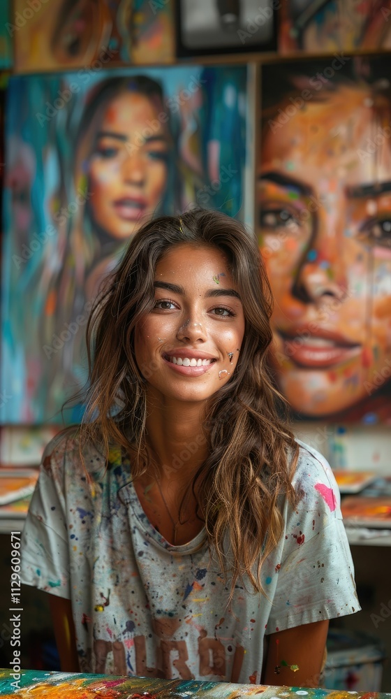 Fototapeta premium Smiling woman artist in her studio, surrounded by colorful portraits.