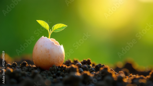 A tiny sprout emerges from a cracked eggshell in rich soil, bathed in warm sunlight. Concept of new life and growth.
 photo