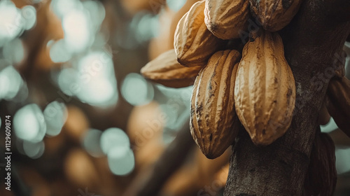 Two brown cocoa pods hanging from a tree branch. The sun is shining on them, making them look ripe and ready to be picked photo