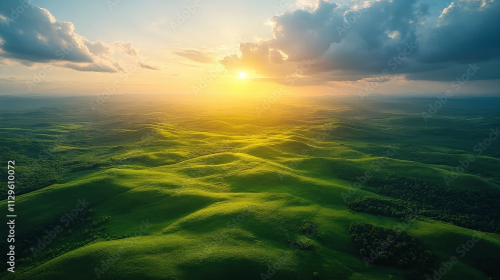 Vast Rolling Green Hills Under a Beautiful Sunset with Dramatic Clouds in the Sky and Warm Golden Light Illuminating the Landscape Vast Rolling Green Hills Under a Beautiful Sunset with Dramatic Clouds in the Sky and Warm Golden Light Illuminating the Landscape