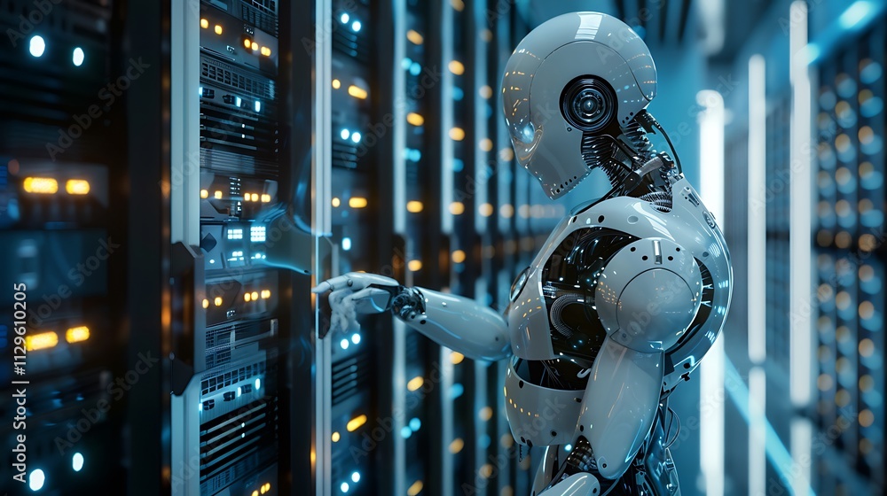 A robot fixing a malfunctioning server in a data center, surrounded by racks of servers A robot fixing a malfunctioning server in a data center, surrounded by racks of servers