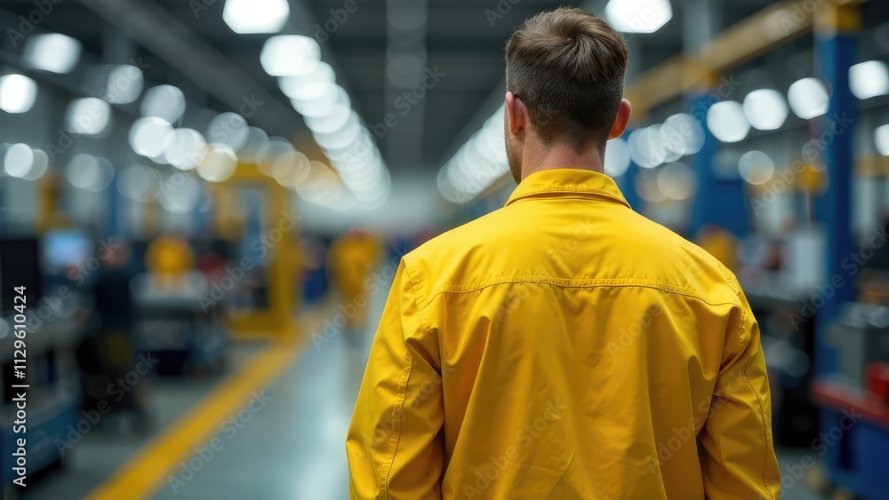 A man in a bright yellow work jacket walks through a busy, out-of-focus factory. Concept of industrial work and manufacturing processes. A man in a bright yellow work jacket walks through a busy, out-of-focus factory. Concept of industrial work and manufacturing processes.