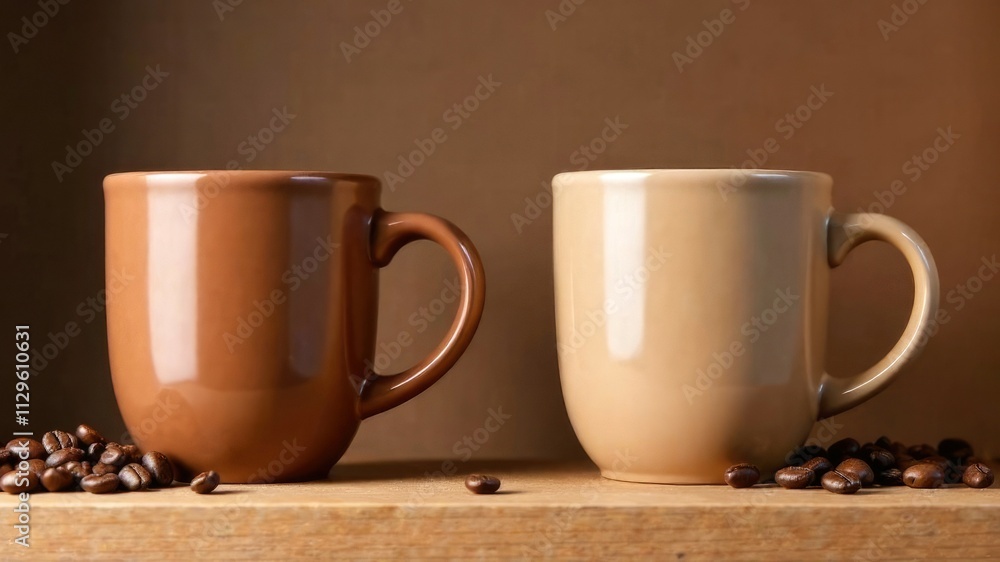 Two Coffee Mugs on brown background. The mugs are standing in a row, with beans. Concept of coffee shop and drinks. Illustration Cocoa, Mocha and Creamy trendy colors Two Coffee Mugs on brown background. The mugs are standing in a row, with beans. Concept of coffee shop and drinks. Illustration Cocoa, Mocha and Creamy trendy colors