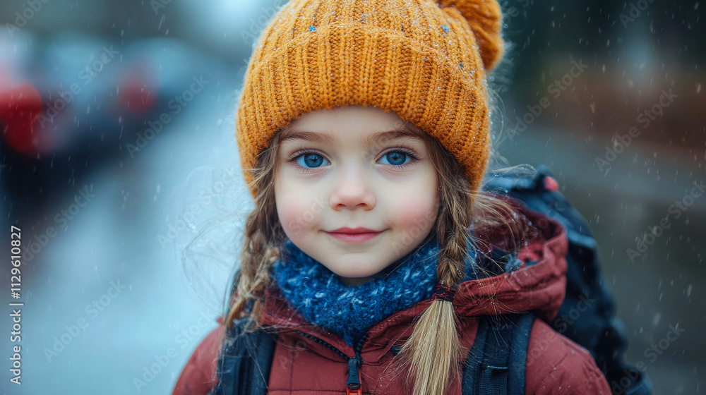 A young girl wearing a yellow hat and a blue scarf is smiling. She is standing in the rain with a backpack on her back A young girl wearing a yellow hat and a blue scarf is smiling. She is standing in the rain with a backpack on her back
