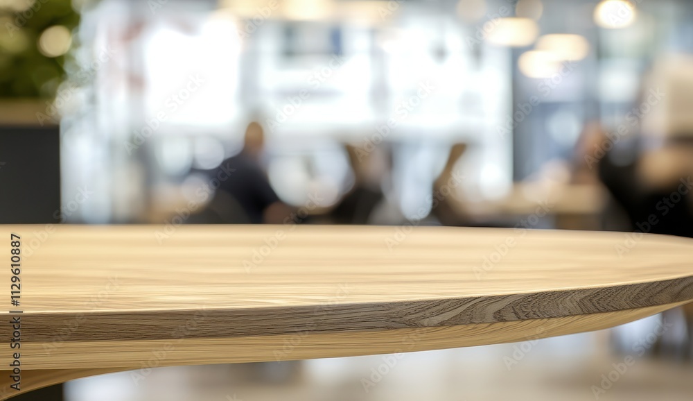 Une table en bois vide en gros plan avec un arrière-plan flou de personnes travaillant dans un les bureaux d'une entreprise. Une table en bois vide en gros plan avec un arrière-plan flou de personnes travaillant dans un les bureaux d'une entreprise.