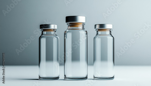 Three clear glass bottles with lids on a table. The bottles are all the same size and shape