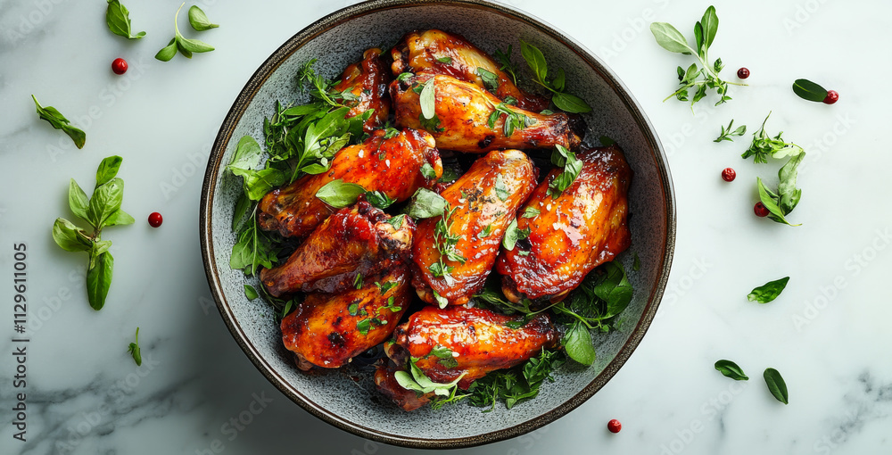 A bowl of chicken wings with green herbs and spices. The bowl is on a marble countertop A bowl of chicken wings with green herbs and spices. The bowl is on a marble countertop