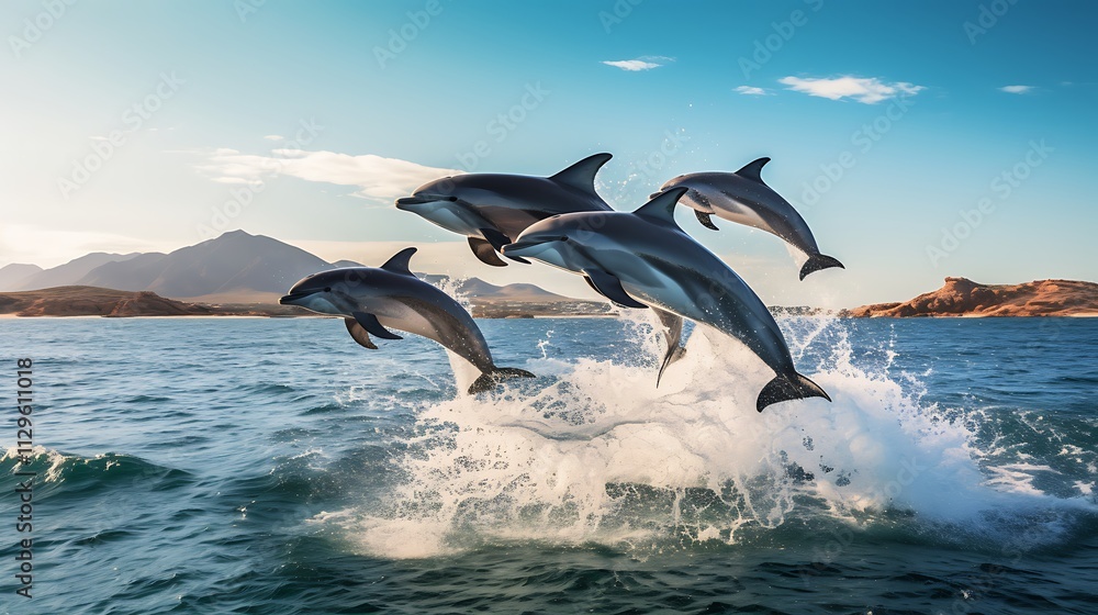 Fototapeta premium Dolphins leaping gracefully above ocean waves in a scenic landscape.