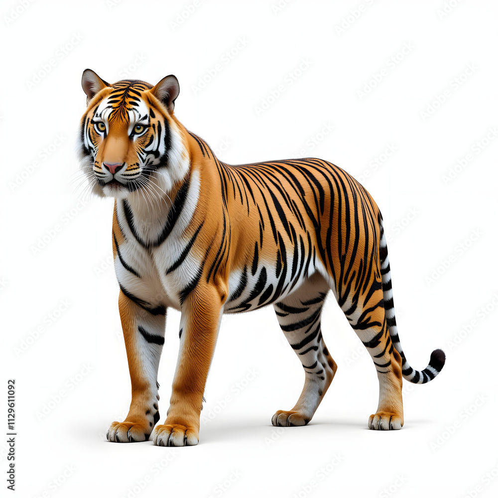 Obraz premium Tiger isolated on a white background, Side view, tiger standing full HD image generated by Ai. full body, realistic, full detail looking at the camera, 