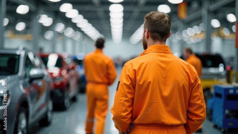 A worker in an orange jumpsuit walks through a modern car factory, with cars and other workers visible in the background. Concept of automotive manufacturing and modern industrial work. A worker in an orange jumpsuit walks through a modern car factory, with cars and other workers visible in the background. Concept of automotive manufacturing and modern industrial work.