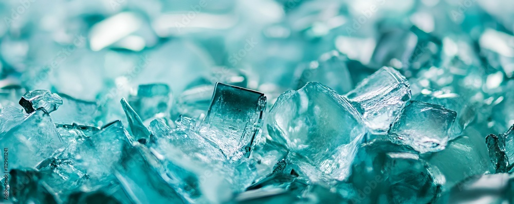 Closeup of recycled glass fragments, sustainable materials, eco industry concept Closeup of recycled glass fragments, sustainable materials, eco industry concept