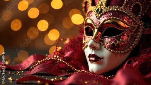 A red and gold Venetian mask with matching ribbons and beads sits against a blurred background of lights. Concept of carnival mystique. Mardi Gras