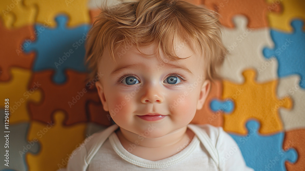 A baby with blue eyes and blonde hair is smiling. The baby is laying on a colorful blanket A baby with blue eyes and blonde hair is smiling. The baby is laying on a colorful blanket
