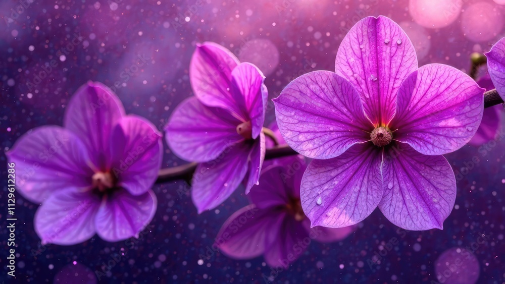 Obraz premium A close-up of several purple flowers with a sparkling, bokeh background. Concept of floral magic.