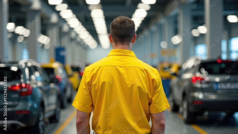 A man in a yellow shirt walks through a modern, well-lit car factory with rows of vehicles in the background. Concept of modern automotive manufacturing and industrial production. A man in a yellow shirt walks through a modern, well-lit car factory with rows of vehicles in the background. Concept of modern automotive manufacturing and industrial production.