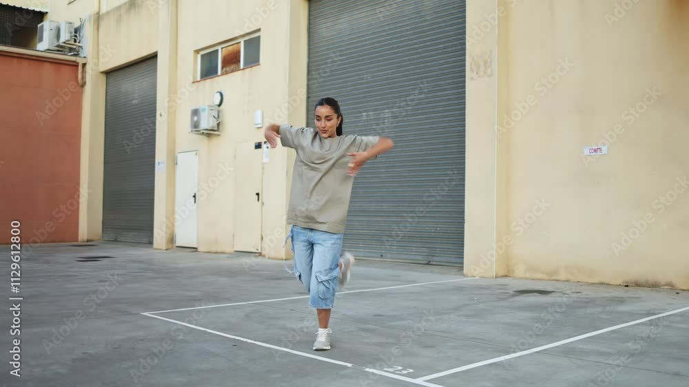 Young woman performing energetic street dance routine. Female dancer showcasing energetic street dance moves in an urban environment, expressing creativity and rhythm Young woman performing energetic street dance routine. Female dancer showcasing energetic street dance moves in an urban environment, expressing creativity and rhythm