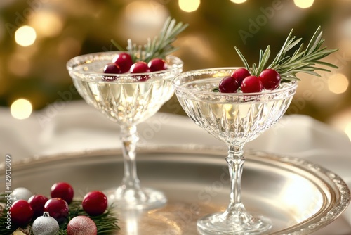 Sparkling Christmas cocktail garnished with rosemary and cranberries on a festive tray ready for holiday celebrations