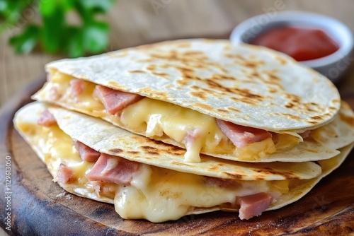 Flour tortilla quesadilla with ham and cheese Classic Mexican dish photo