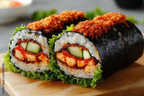 Folded kimbap or sushi sandwich made with rice furikake sesame oil lettuce tomatoes chicken katsu and onion Focused view photo