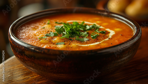 A bowl of soup with a green garnish on top. The soup is red and has a creamy white sauce