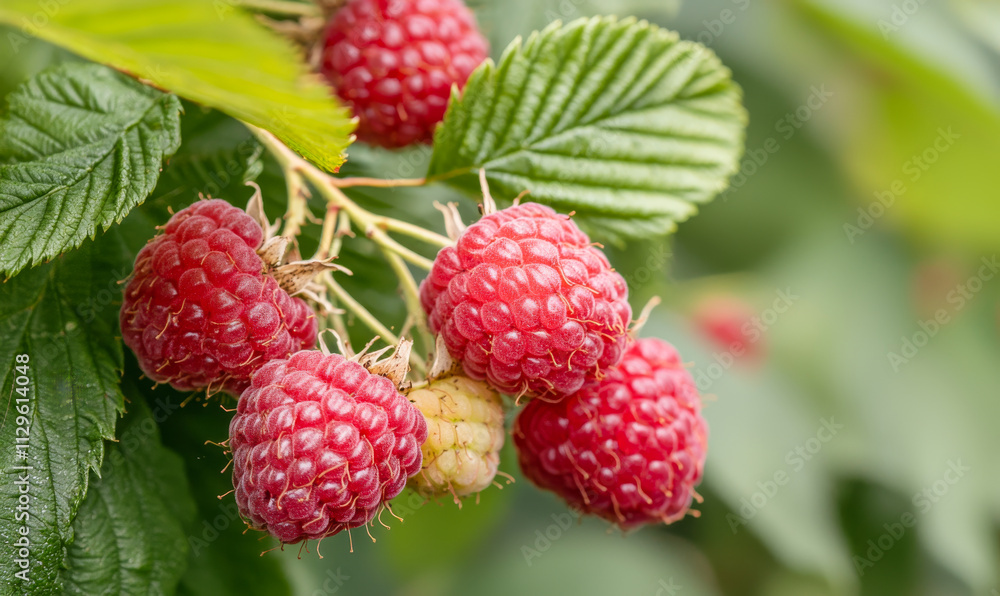 A cluster of red raspberries hanging from a tree. The raspberries are ripe and ready to be picked A cluster of red raspberries hanging from a tree. The raspberries are ripe and ready to be picked
