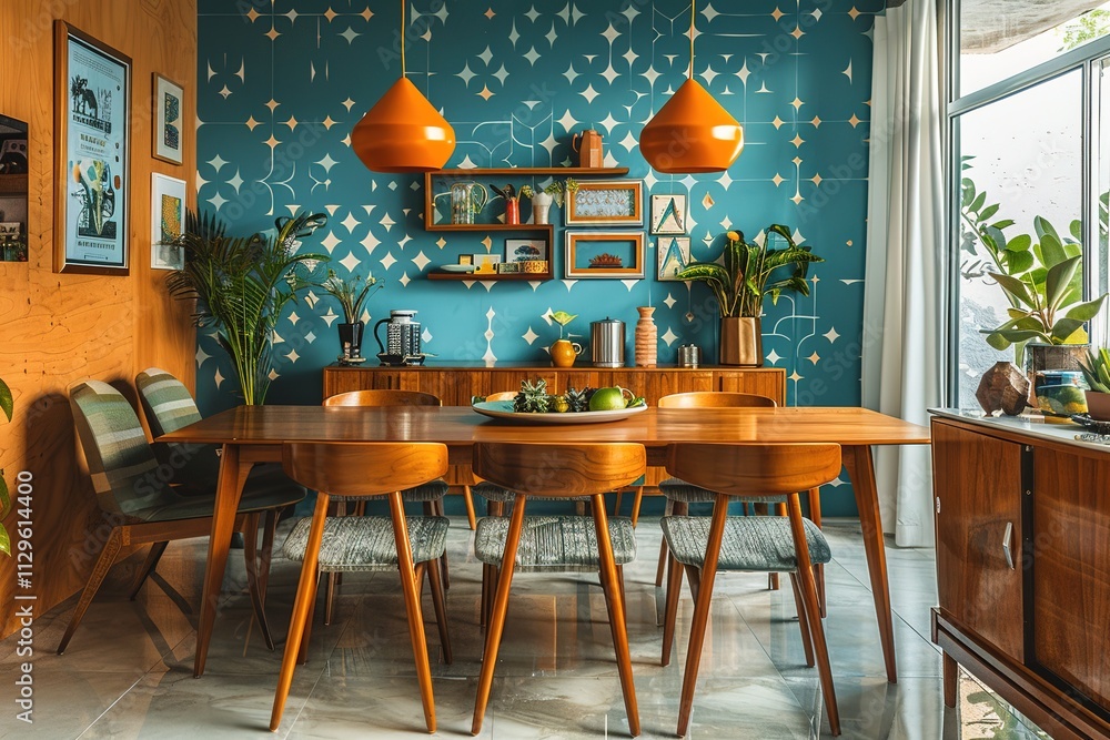 Obraz premium Mid-century modern dining room design with retro furniture and geometric patterns